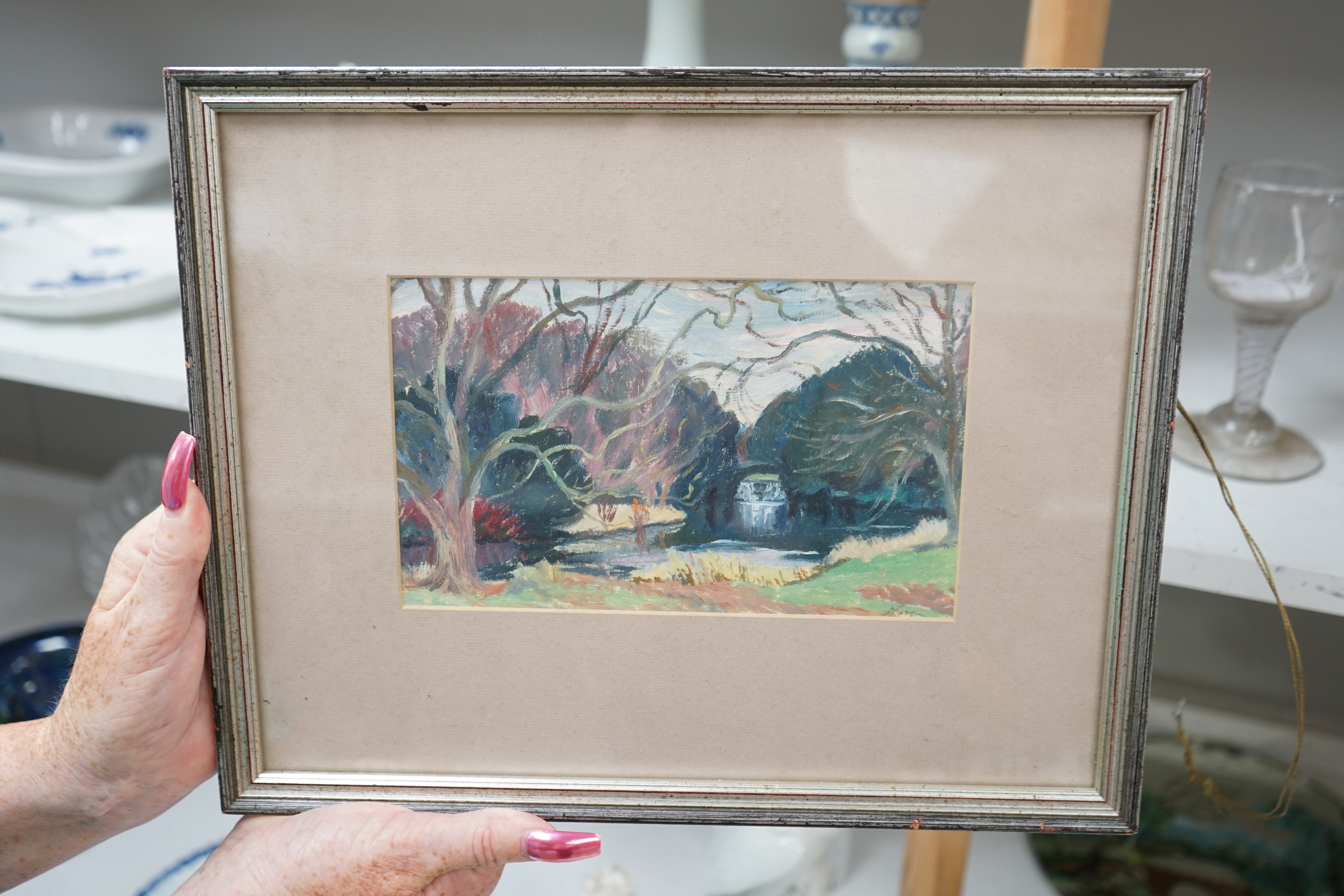 Margaret Graeme Niven (1906-1997), impressionist oil, Lakeside landscape, inscribed verso, 13 x 21.5cm. Condition - fair